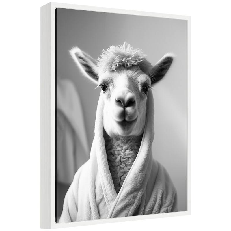 Kate and Laurel Sylvie Llama Bathroom Art Towel Robe Black and White Framed Canvas by The Creative Bunch Studio - 18x24 - White