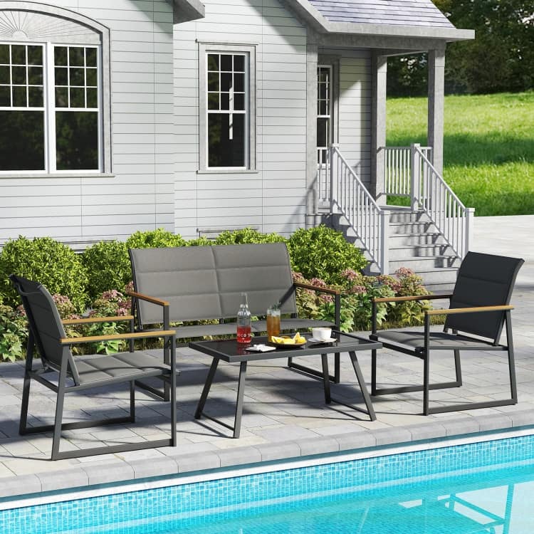 4 Piece Grey Metal Fabric Conversation Patio Set with Glass Table and WPC Armrests - Loveseat: 28" x 26" x 33"