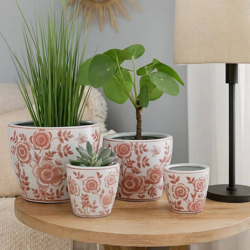 Kerry Accent Planter Pot Set of 4, Pink Floral Pattern, White Ceramic