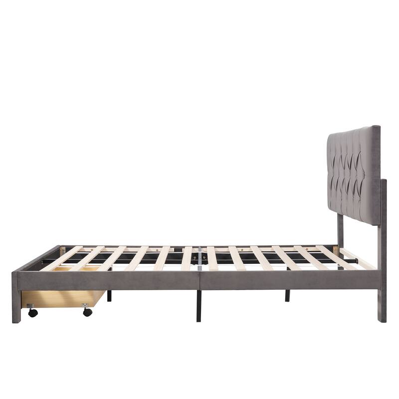 Queen Size Lozenge Pattern Upholstered Platform Bed with Removable Wheeled Footside Drawer
