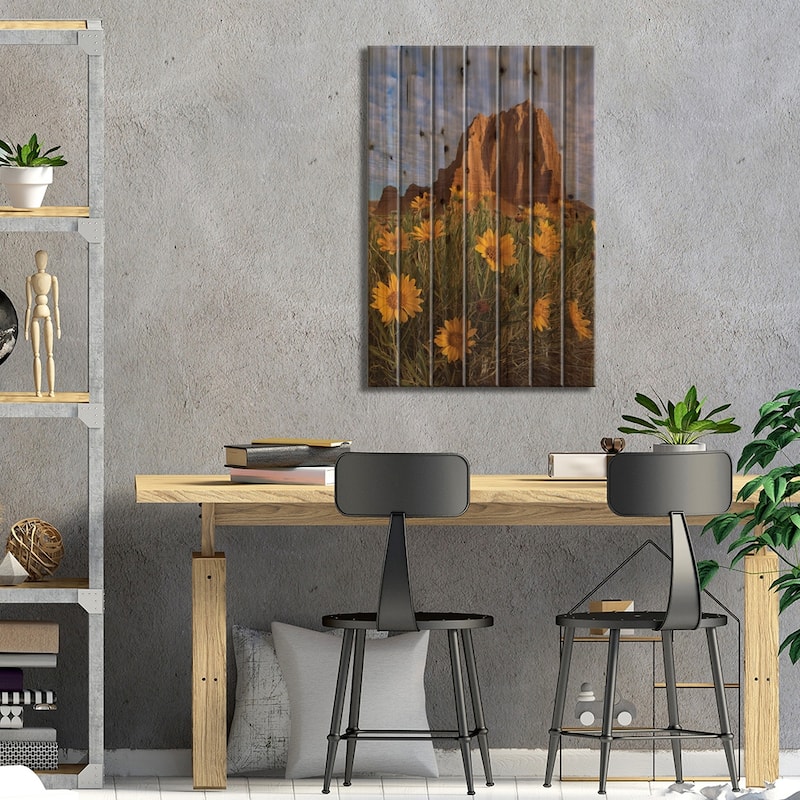 Temple Of The Sun With Sunflowers In The Foreground, Capitol Reef National Park, Utah Print On Wood by Tim Fitzharris