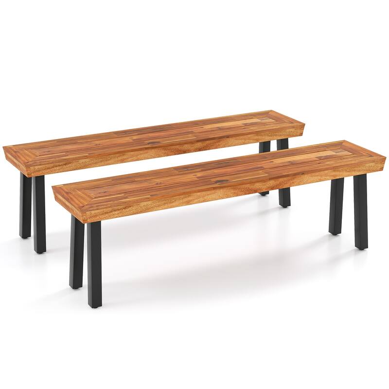 Gymax Outdoor Acacia Wood Benches Set of 2 w/ Slatted Top & Flared - Brown