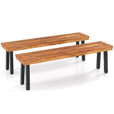 Gymax Outdoor Acacia Wood Benches Set of 2 w/ Slatted Top & Flared