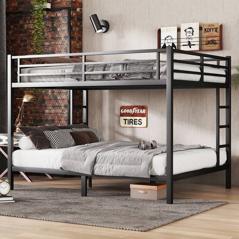 GDFStudio - Aveline Metal Bunk Bed, Space-Saving Design with Safety Guardrails and No Box Spring Needed - Black + Queen over Queen