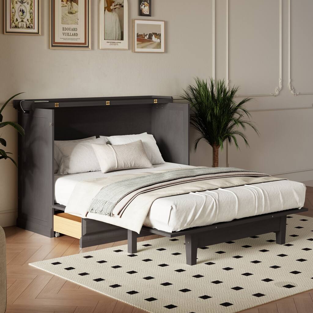 Solid Pine Murphy Bed Chest Cube Cabinet Bed with Charging Station and Large Storage Drawer for Home Office or Small Room,Full