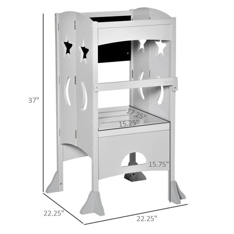 Kids Kitchen Step Stool Foldable Child Standing Tower with Chalkboard. Lockable Handrail for Children 3-6 Years Old, Grey