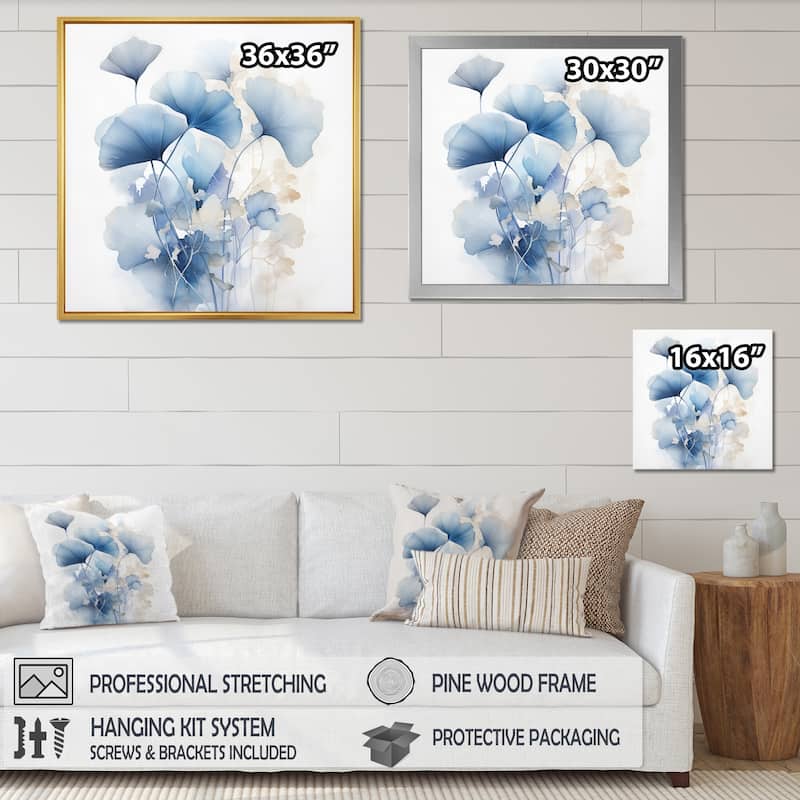 Designart "Delicate Blue Ginko Leaves On White Watercolor" Leaves Framed Wall Art Living Room