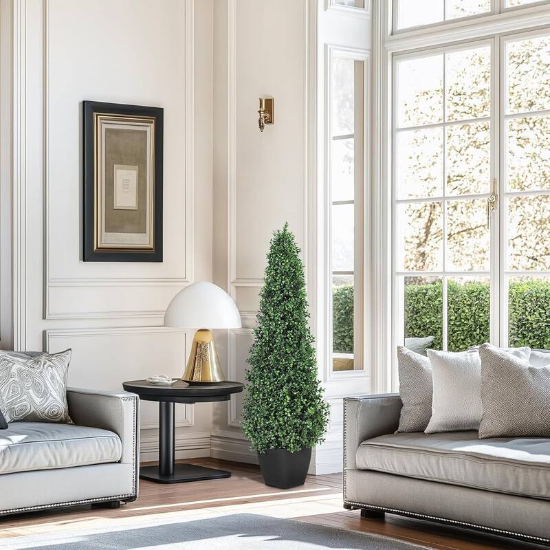 Artificial Boxwood Topiary Trees - Cone Shape Fake Plant with Modern Black Planter, 2 Pcs - 3FT