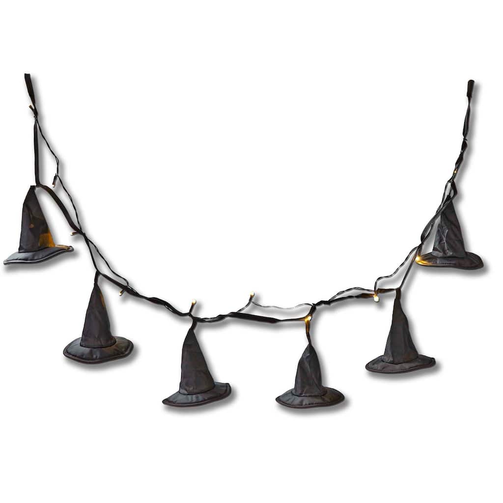 Witch Hat LED String Lights - Halloween Novelty Indoor Decor - Black Metal - 4.75" H x 60" L x 3.15" W