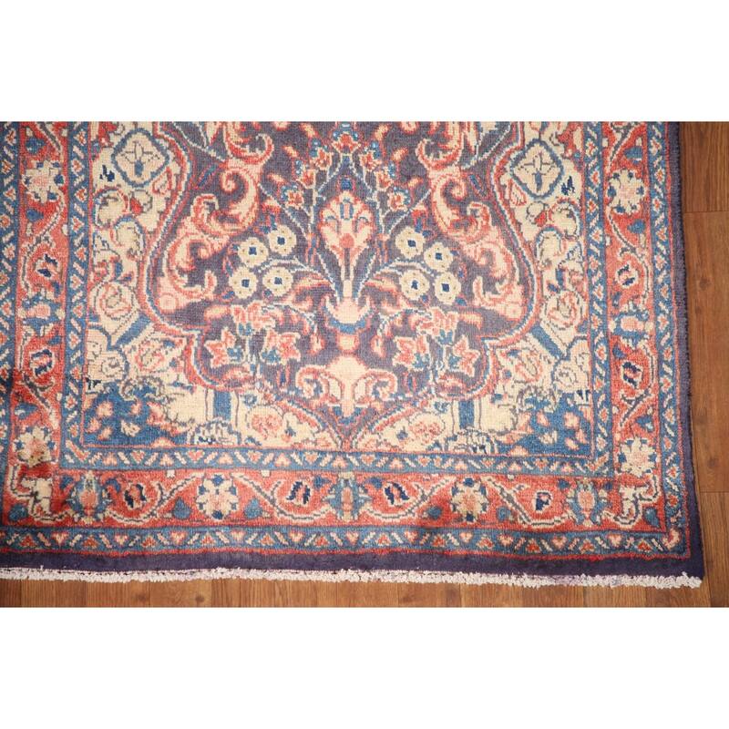 Hand Knotted Oriental 100% Wool Carpet Traditional Floral Navy Blue & Blues Mahal Runner Rug - 10' 10'' X 3' 3''