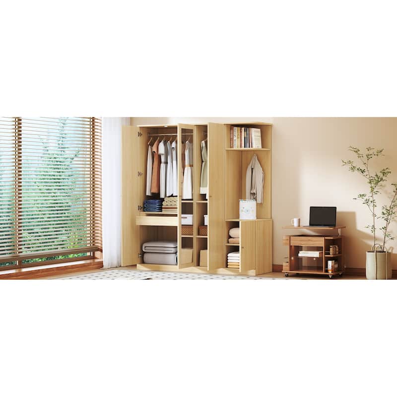 Freestanding Wardrobe with Full-Length Mirror, Shelves & Drawer, 4-Door Armoires Bedroom Storage Cabinet