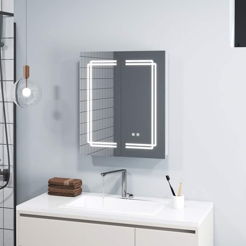 White Wall Mounted Mirror Medicine Cabinet with Lights Defog Function and Glass Shelves Power Outlets - 23.5" x 27.5" x 5"