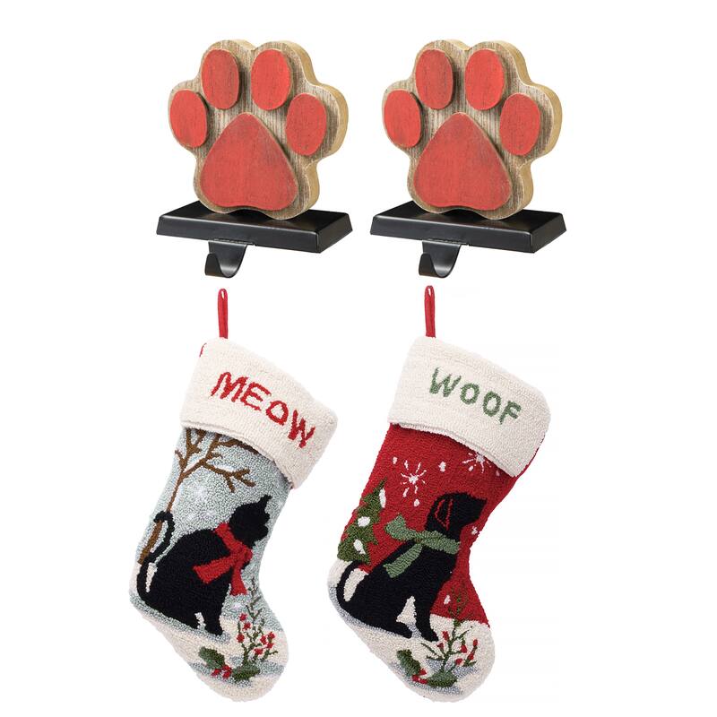 Glitzhome Christmas Wooden/Metal LED Snowman Paw Stocking Holders with Stockings Mantel Ornament - 2PK Paw & Cat and Dog Stocking