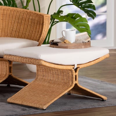 Reya Natural Rattan Footstool - Sculptural Handwoven Ottoman with Pedestal Base for Boho Coastal Living Spaces