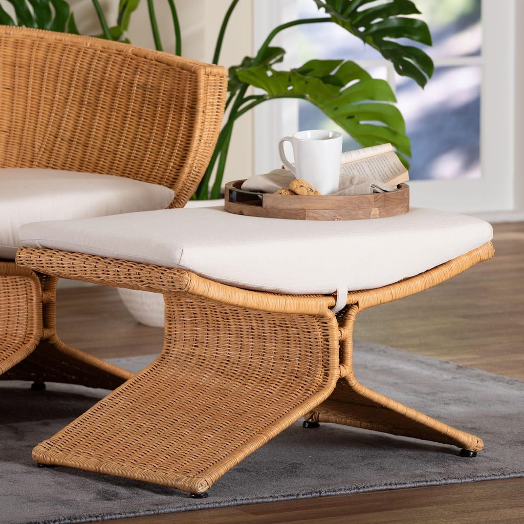Reya Natural Rattan Footstool - Sculptural Handwoven Ottoman with Pedestal Base for Boho Coastal Living Spaces