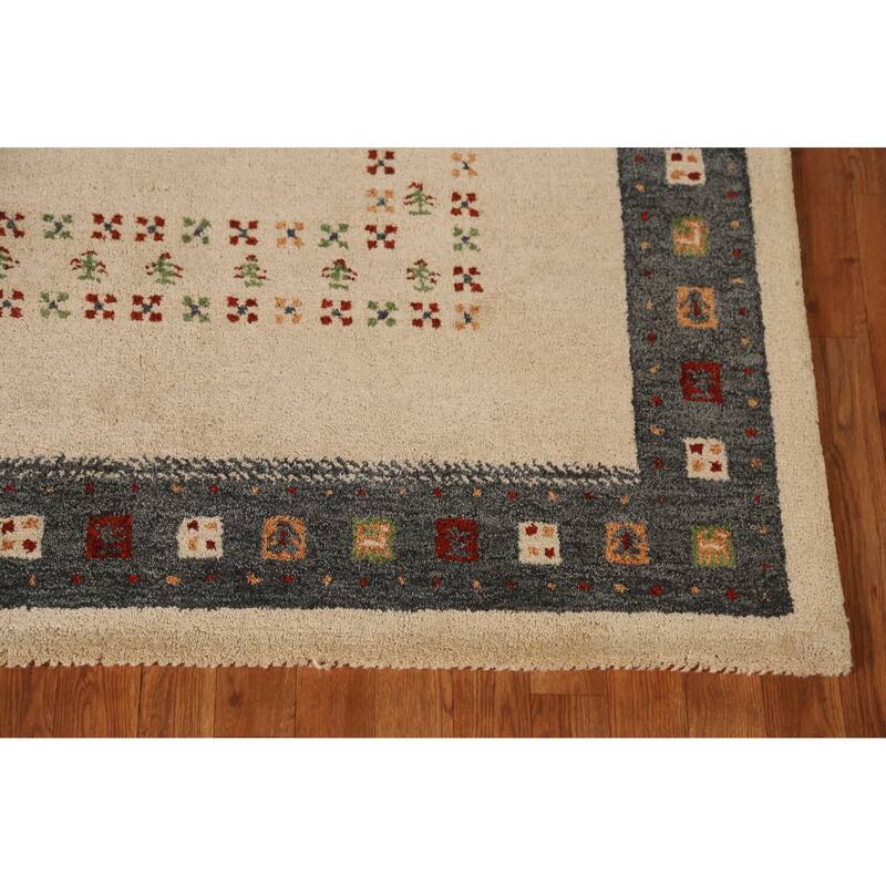 Geometric Beige Gabbeh Area Rug Hand-Tufted Wool Carpet - 5'3" x 7'7"