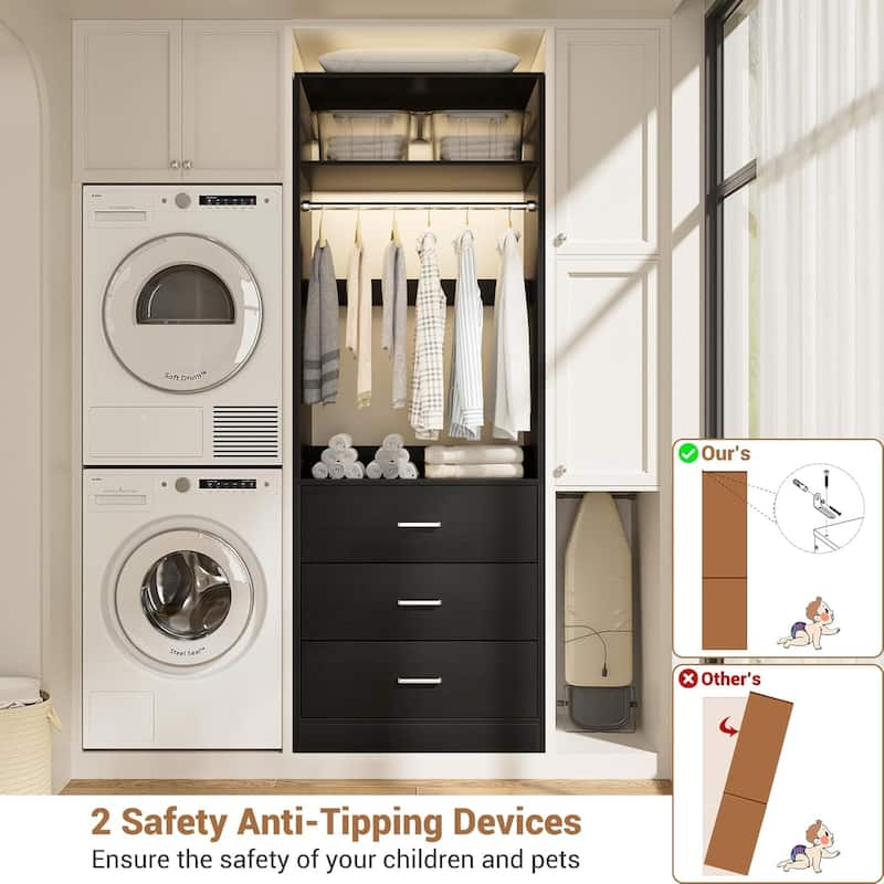 Kyrvo 24" Freestanding Closet Organizer System with Hanging Rod & Shelves,Heavy Duty Closet System with 3 Wood Drawers