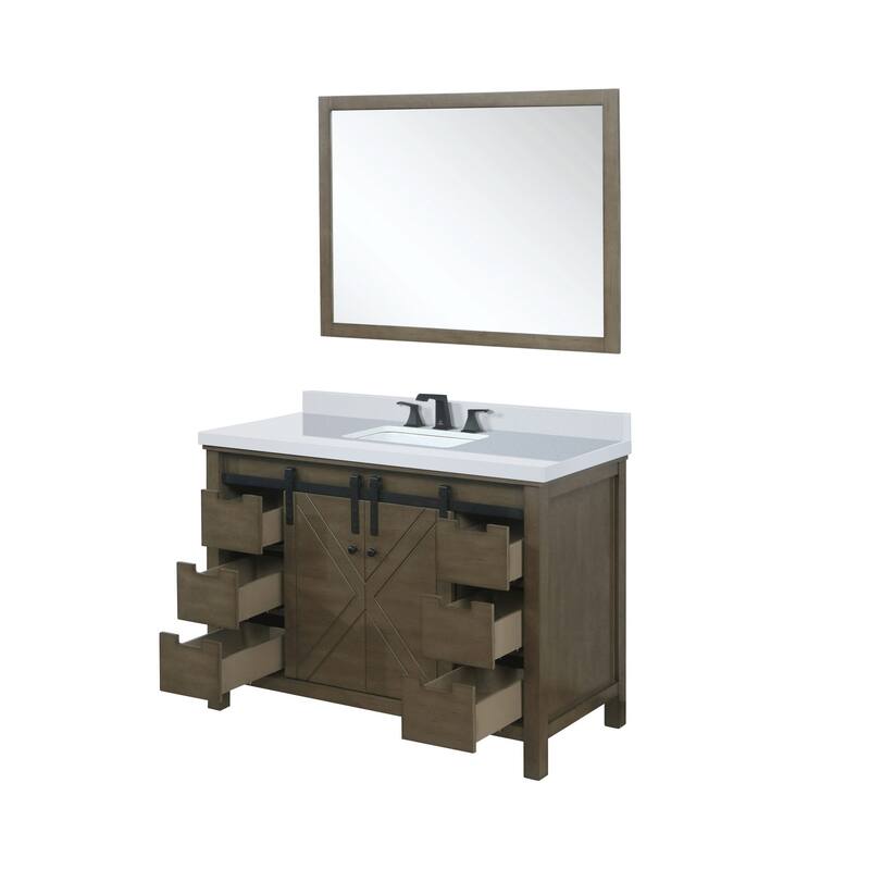 Marsyas 48 in W x 22 in D White Bath Vanity, Grey Quartz Countertop, Faucet Set and 44 in Mirror