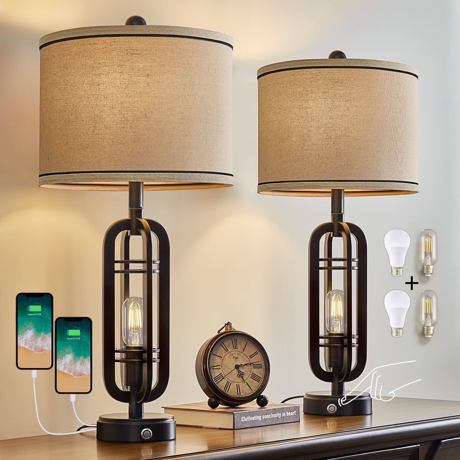 27.25 inch Industrial Table Lamp Set of with USB Ports,3 Way Dimmable  Touch Control Nightstand Lamp Vintage Modern Farmhouse Bed Bath  Beyond  37747315