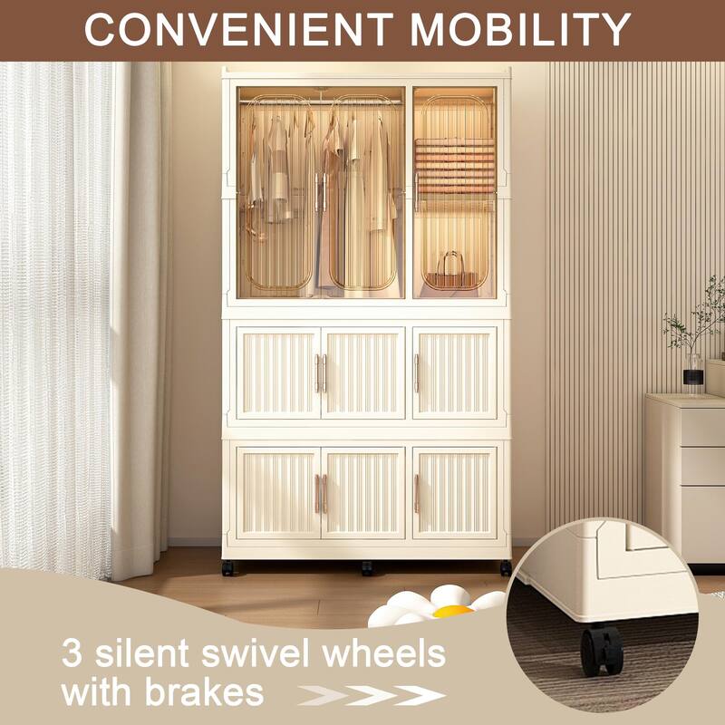 Cream White ABS Portable Wardrobe with Hanging Rods, Cubes and Magnet Doors - 36.22 x 17.72 x 62.2 in (L x W x H)