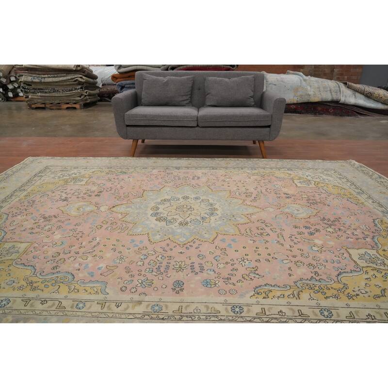 Hand Knotted Oriental 100% Wool Carpet Traditional Floral Pink Tabriz Area Rug - 10' 8'' X 7' 10''