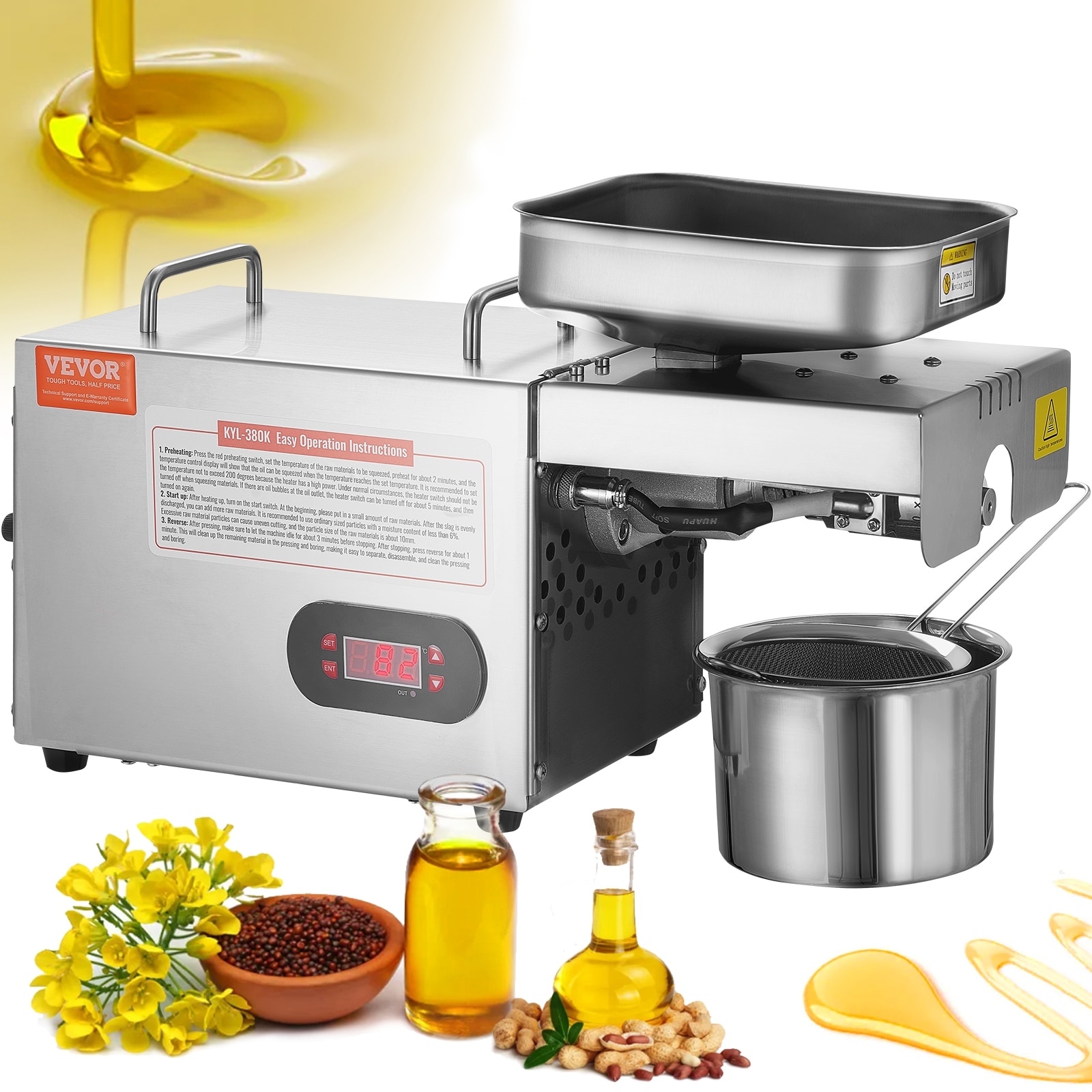 VEVOR Electric Oil Press Machine, Hot Press Oil Expeller for Pressing Peanuts, Sesame Seeds, Rapeseed, Tea Seeds