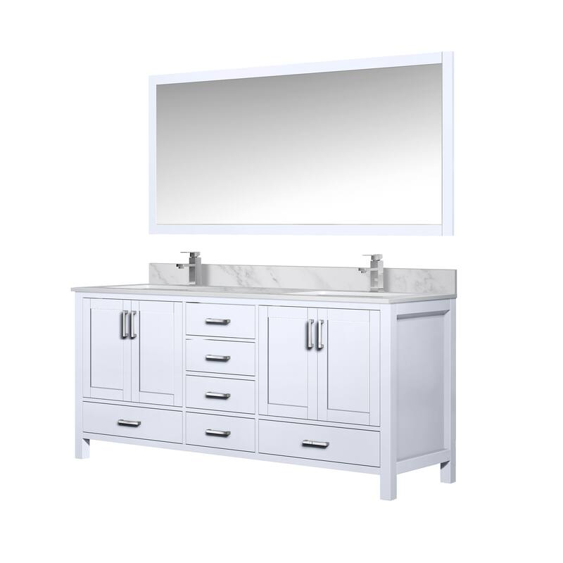 Jacques 72 in. W x 22 in. D Distressed Grey Double Bath Vanity, Carrara Marble Top, Faucet Set, and 70 in. Mirror