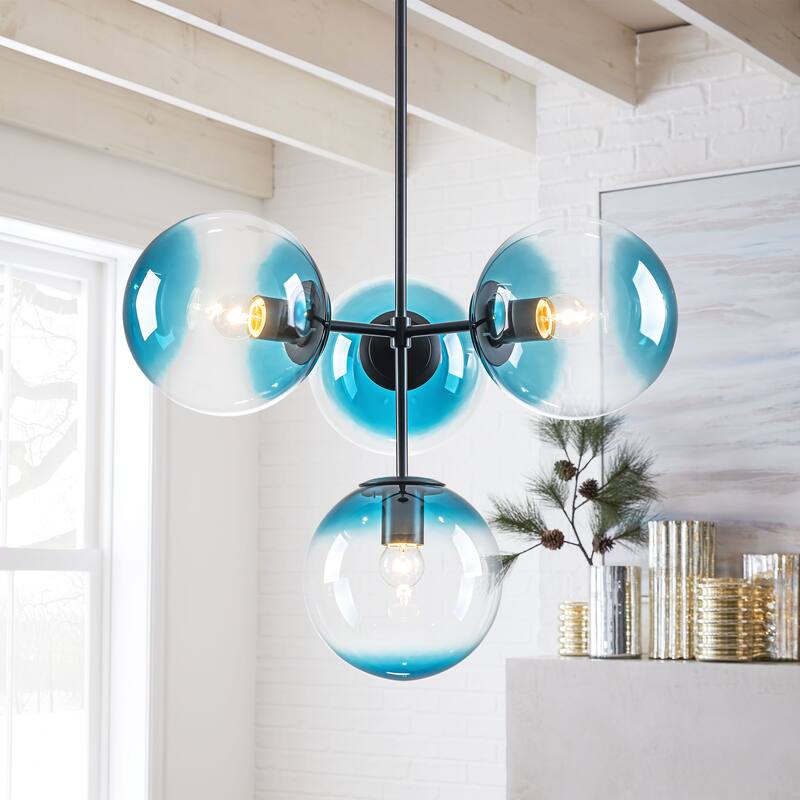 4-Light Modern Gold/Black Linear Sputnik Pendant Light with Gradient Blue Glass Globes - Black