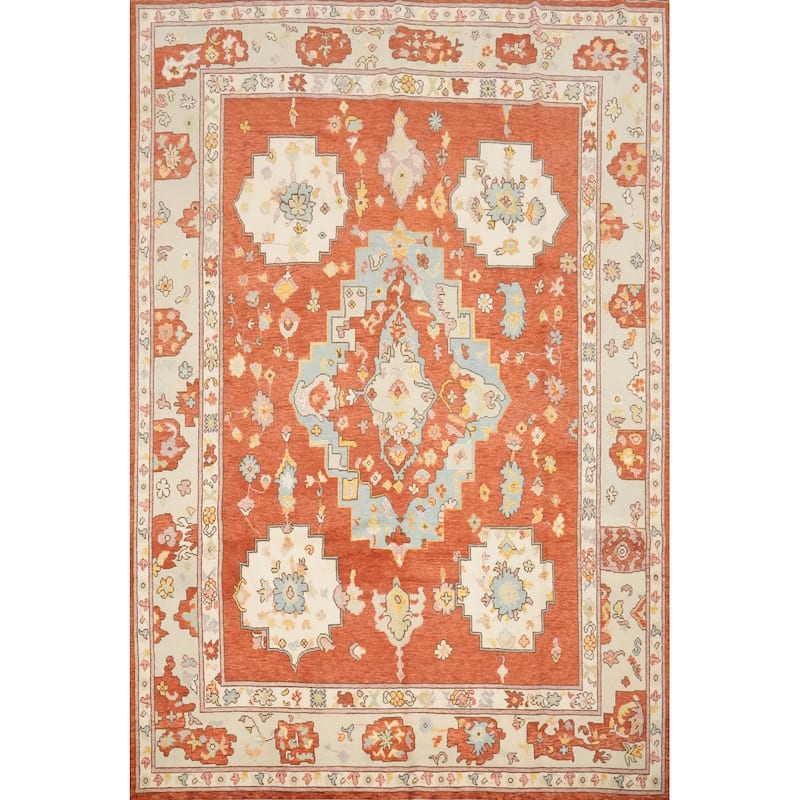 Hand Knotted Oriental 100% Wool Carpet Transitional Medallion Oranges & Rust Oushak Area Rug - 9' 11'' X 8' 3''