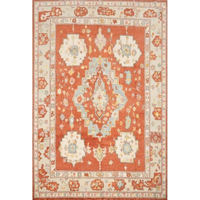 Hand Knotted Oriental 100% Wool Carpet Transitional Medallion Oranges & Rust Oushak Area Rug - 9' 11'' X 8' 3''