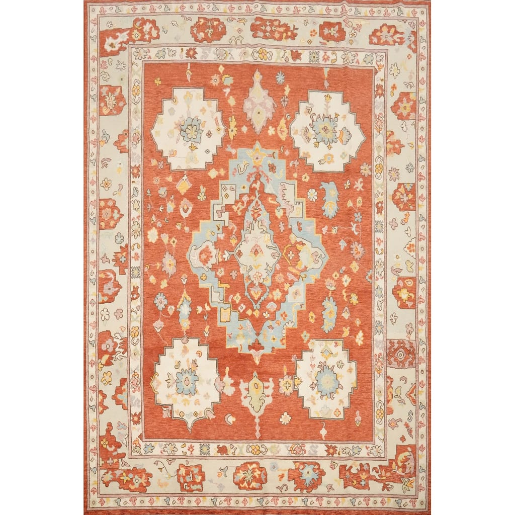 Hand Knotted Oriental 100% Wool Carpet Transitional Medallion Oranges & Rust Oushak Area Rug - 9' 11'' X 8' 3''