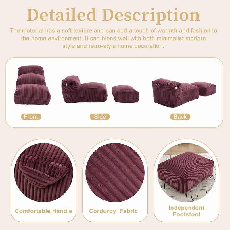 Large Memory Foam Bean Bag Chair for Adults, Corduroy Lounger Sofa with Ottoman