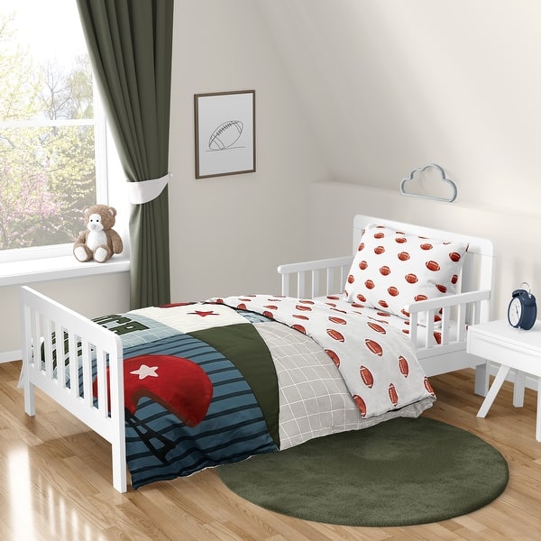 slide 2 of 5, Sweet Jojo Designs American Football MVP Boy 5p Toddler-size Comforter Set Green Blue Red Vintage Helmet Field Goal Sports Stars