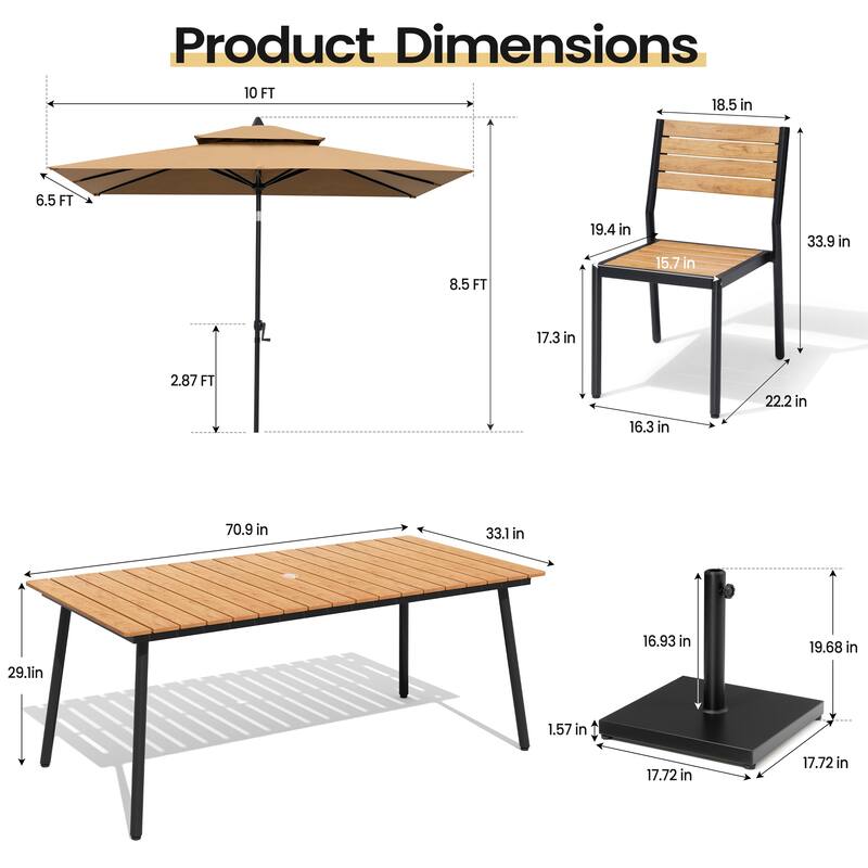 9 PC Outdoor Patio Dining Set Wood-Like Aluminum Umbrella Hole Table with Stackable Chairs,Double Top Market Umbrella and Base
