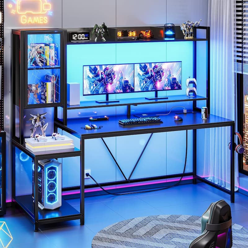 Gaming Desk LED Lights Hutch and Storage Shelves Glass Display Cabinet - 21.2"D x 60"W x 60.4"H - Black