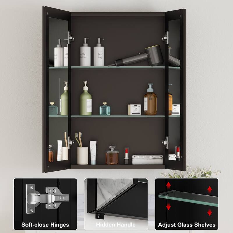 Belle Medicine Cabinet with Mirror, Adjustable Shelves, Recessed or Wall Mount