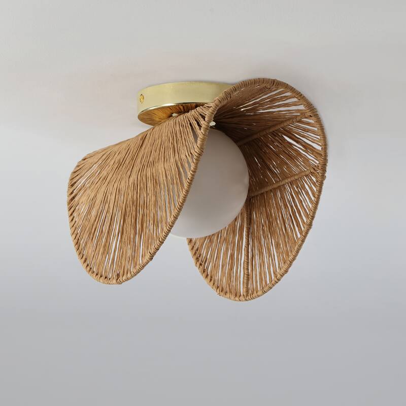Sovev 1-Light Flush Brass Bohemian Mount Wall Sconce with Opal Glass Rattan Shade