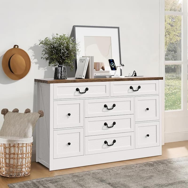Farmhouse 9 Drawer Dresser with Charging Station for Living Room, Bedroom - White+Brown