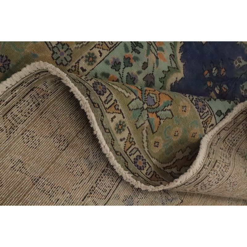 Hand Knotted Oriental 100% Wool Carpet Traditional Medallion Navy Blue & Blues Tabriz Area Rug - 9' 7'' X 6' 6''
