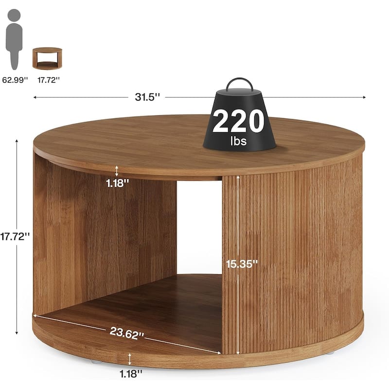 31.5" Walnut Round Coffee Table Center Table with Fluted Drum Base - 31.5"W x 31.5"D x 17.7"H