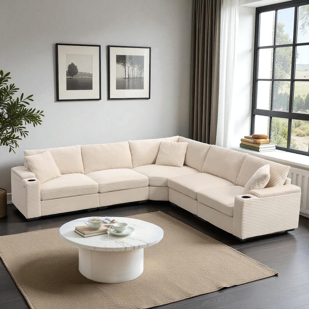 106" Convertible L-Shaped Modular Corduroy Sectional Sofa with Armrest Storage Cup Holders USB Charger Corner Couch
