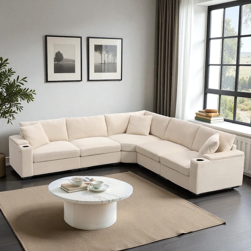 106" Convertible L-Shaped Modular Corduroy Sectional Sofa with Armrest Storage Cup Holders USB Charger Corner Couch - Beige