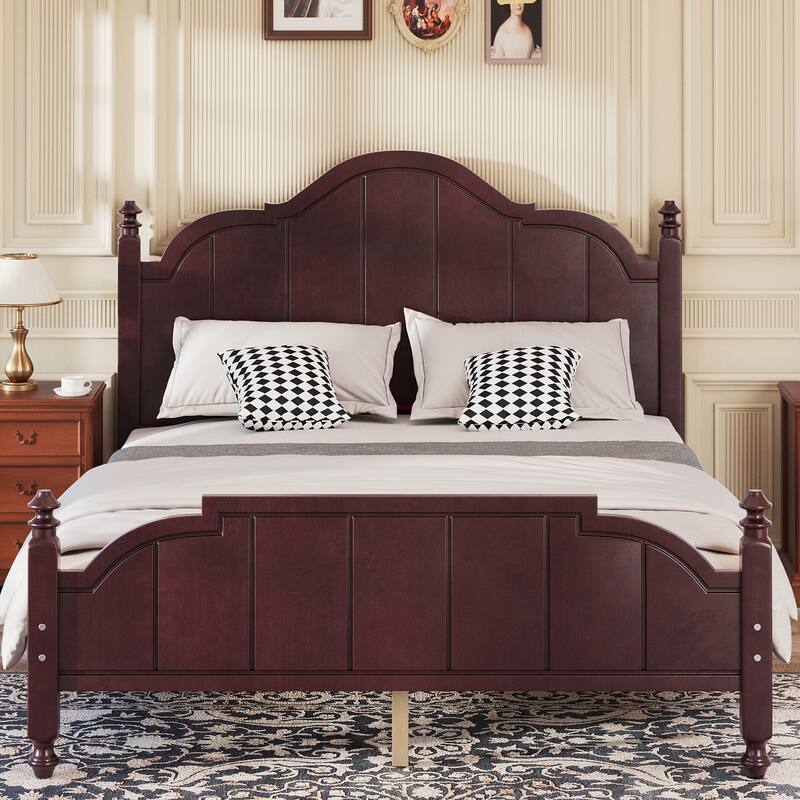 Roomfitters Wood Platform Bed Frame with Curved Headboard, Vintage Style Slat Support, No Box Spring Required