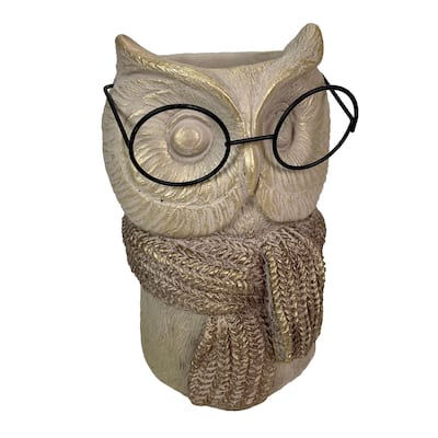 Bespectacled Owl Cement Vase 8.25" Gold Accents Knit Scarf Real Wire