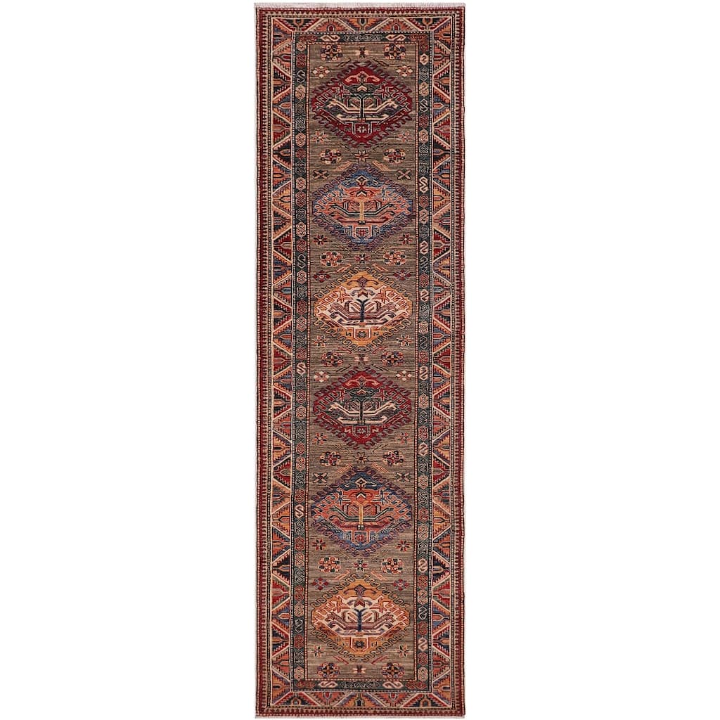 Tribal Super Kazak Cassius Gray/Multi Hand Knotted Wool Runner - 2'9'' x 10'5''