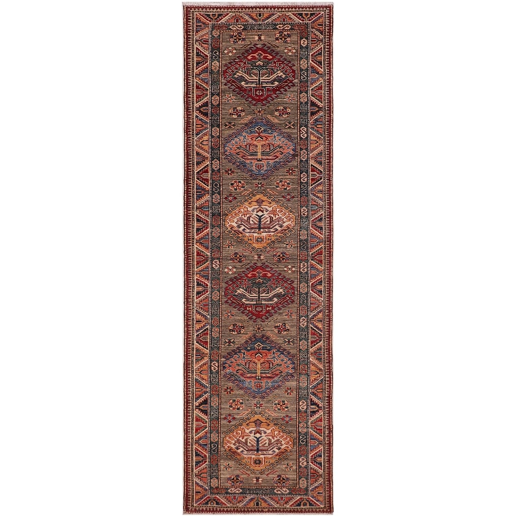 Tribal Super Kazak Cassius Gray/Multi Hand Knotted Wool Runner - 2'9'' x 10'5''