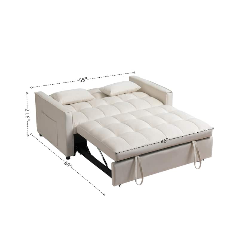 3 in 1 Convertible Sleeper Sofa Bed 2 Seater Velvet Upholstered Sofa Bed with Adjustable Backrest, Futon Couches with 2 Pillows