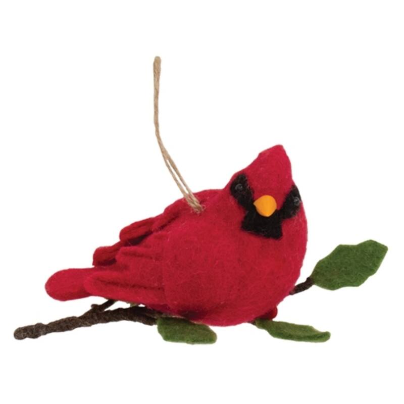 Red Felt Cardinal on Branch Ornament with Jute Hanger for Holiday Decor - 7.25 x 3 x 3.25 in. - Red