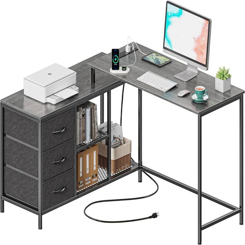 L Shaped Desk with Power Outlets - Grey
