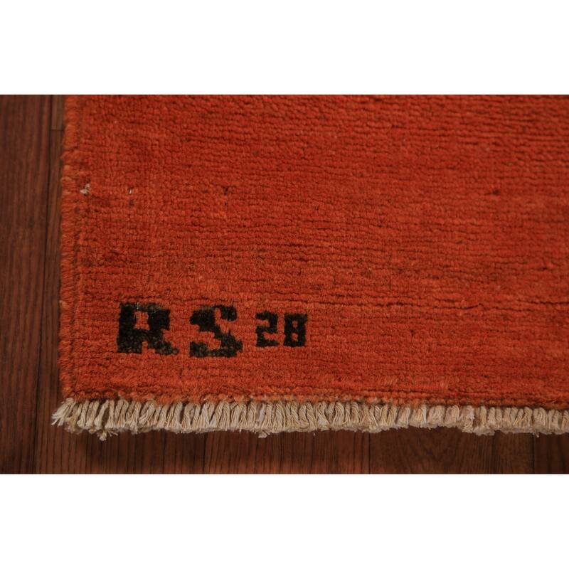 Orange Gabbeh Modern Rug Hand-Knotted Tribal Wool Carpet - 3'5" x 4'10"